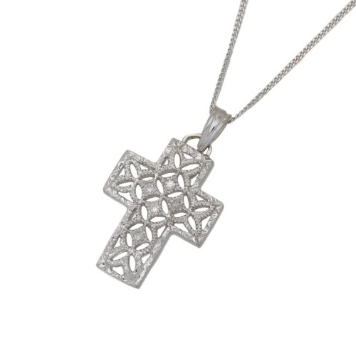 9ct White Gold 0.04 Ct Diamond Filigree Cross Pendant 18 Chain