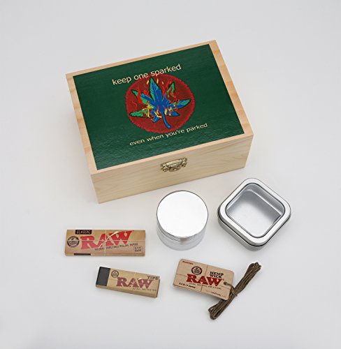 Green Leaf Wooden Tobacco Box Stash Box! 6 Pc. Raw Rolling Kit Includes Raw Rolling Papers, Raw Filter Tips, Raw Hemp Wick, Airtight Glass Jar and 4 Pc. Metal Grinder