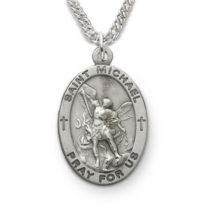 Sterling Silver 7/8 Oval Engraved St. Michael, Patron of Police Medal on 24 Chain