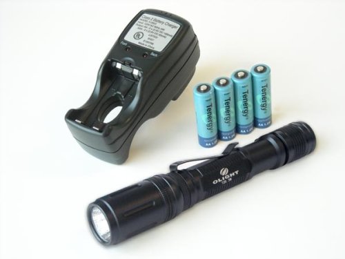Cheap OLIGHT TACTICAL T25-T w. Cree Q5 WC LED 3 levels, 3 modes, 190 lumens with 4 pcs Tenergy AA NiMH 2600mah and a T-2833 Compact Charger