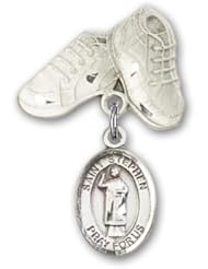 Sterling Silver Baby Badge with St. Stephen the Martyr Charm and Baby Boots Pin
