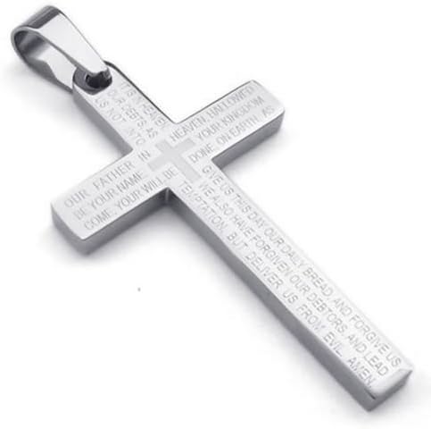 Our Belong Stainless Steel Mens Lords Prayer Cross Pendant Necklace, Silver, 18-26 inch Chain
