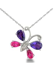 Sterling Silver Diamond Amethyst and Pink Topaz Butterfly Pendant (1/4 cttw)
