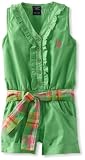 U.S. Polo Assn. Girls 2-6X Button-Up Ruffled Romper, Lime Lory, 6X