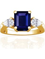 18K Yellow Gold Emerald Cut Blue Sapphire Three Stone Ring