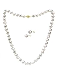 14k Yellow Gold 8.5-9mm White Japanese Salt Water Akoya Pearl High Luster Necklace 18" Length with Matching Earring Jewelry Set. Include a Wood Jewelry Box with Mirror.