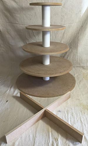 5 tier round unfinished cake pop stand with X shaped base. Holds up to 134 cake pops. Great DIY budget craft project.