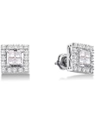 14K White Gold Princess Cut Diamond - Square Princess Shape Halo Invisible Set Studs Earrings with Secure Screw Back Closure - (1/4 cttw.)