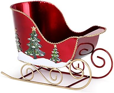 Red Sleigh with Christmas Trees 7 x 4 inch Metal Table Planter Decoration