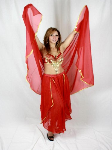 Dreiteiliges Bauchtanzkostüm aus 100% Chiffon, Free Size (S bis XL) rot-gold Dreiteiliges Bauchtanzkostüm aus 100% Chiffon, Free Size (S bis XL) rot-gold