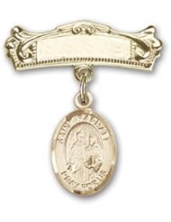 14K Gold Baby Badge with St. Raphael the Archangel Charm and Arched Polished Badge Pin
