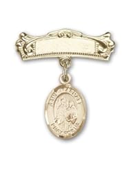 Gold Filled Baby Badge with St. Raphael the Archangel Charm and Arched Polished Badge Pin