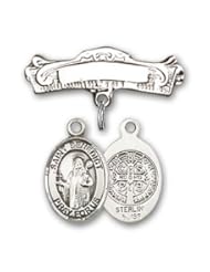 Sterling Silver Baby Badge with St. Benedict Charm and Arched Polished Badge Pin
