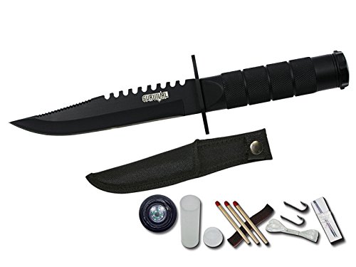 Rogue River Tactical Hunting Knife Serrated Blade 8.5 Inch Survival Knife Heavy Duty Black with Kit & Sheath Camping Fishing Matches Fish hooks Needles Compass