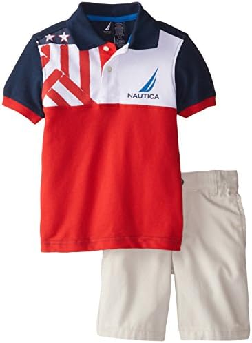 Nautica Little Boys' 2 Piece Color Block Polo with Solid Short Set, Rouge,L(7)