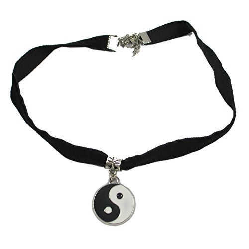 Hip Mall Black Velvet Choker Necklace w/ Enamel Ying & Yang Charms Pendant