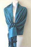 70% Pashmina 30% Silk Paisley Self-Design Shawl / Wrap / Stole - Turquoise Black