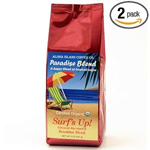 Aloha Island Coffee Company Surf\'s Up! Breakfast Blend, Organic Ground Coffee, 8-Ounce Bags (Pack of 2)