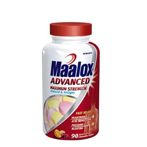 Maalox Advanced Maximum Strength Antacid/Anti-Gas, Assorted Fruit, 90-Count Bottle (Pack of 3)