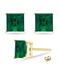 3.64 Cts of 7 mm AAA Princess Russian Lab Created Emerald Stud Earrings in 14K Yellow Gold