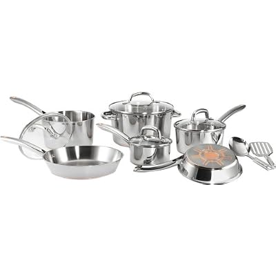 T-fal C798SC64 Ultimate Stainless Steel Copper-Bottom Multi-Layer Base 12-Piece Cookware Set, Silver