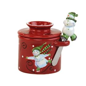 Butter Bell Skating Snowman Crock with Matching Spreader and Holder by Butter Bell