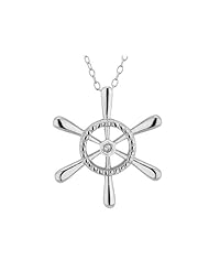 Ships Wheel Pendant Necklace with Diamond Accent in Sterling Silver with Chain