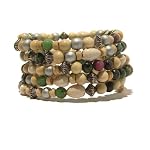 Ruby Zoisite Bracelet Wrap Green Pink Stone Bead Wood Seed Coconut Memory Wire Coil