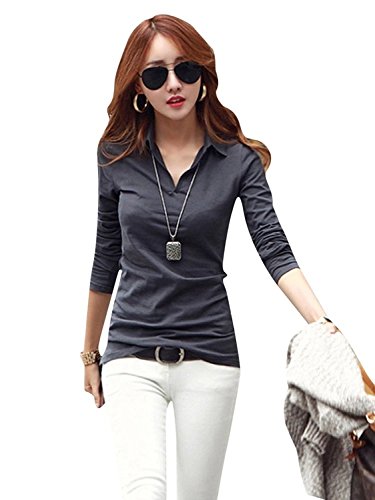SaiDeng Women's Long Sleeve V Neck Polo T Shirts Sexy Ladies Tops Sheer Blouses