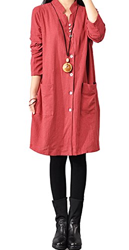 Hole Tide Women's Solid Color V-Neck Cotton & Linen Long Sleeves Blouse Dress