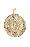 14k Yellow Gold, Aztec Calendar Medal Pendant Charm Round 42mm Wide