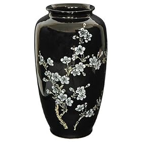 Beautiful Unique Gift Idea for Her - 14 Plum Blossoms on Black Decorative Porcelain Flower Vase Flower Vase