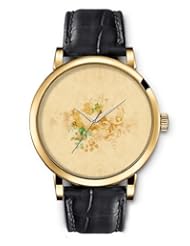 SPRAWL Aanalog Fashion Series Gold Ladies Watches of Genuine Black Leather Strap,Unique Wrist Watch for Women Girls Designed with Pattern of blue flowers