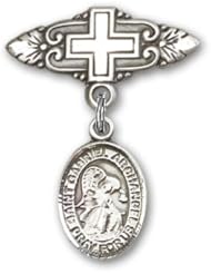 Sterling Silver Baby Badge with St. Gabriel the Archangel Charm and Badge Pin with Cross