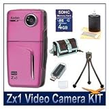 Kodak Zx1 Pocket Video Camera (Pink), 720p HD, 128MB Internal Flash Memory, SD/SDHC Expansion Slot, Aqua & Brown Fashion Camera Clutch, 3pc. Lens Cleaning Kit, 4 GB Memory Card, SD USB 2.0 Card Reader, Mini Tripod