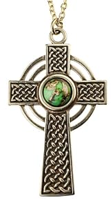 Small Celtic Cross with 8mm Persian Green Copper Turquoise Gemstone on Rolo Chain