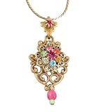 Michal Negrin Vintage Style Stylized Hamsa Medallion Enriched with Fuchsia and Multicolor Swarovski Crystals and Beads; Handmade in Israel