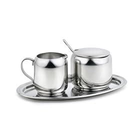 4-Piece Small Creamer and Sugar Dispenser, Spoon and Tray Set - Fine Stainless Steel... by StainlessLUX