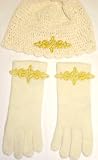 Hand Crocheted Ivory Chenille and Gimp Skull Cap Offered in Combination with One Size Off White Angora Gloves Hand Trimmed with Gold Appliqu���s