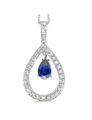 Twin Pear Shaped Diamond Pendant In 18K White Gold With A 0.75 ct. Genuine Blue Sapphire Center Stone.