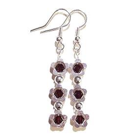 Silver Flower & Swarovski Crystal Birthstone Earrings - January, Garnet