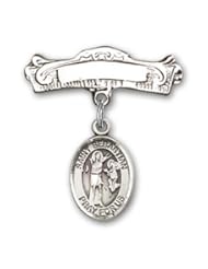 Sterling Silver Baby Badge with St. Sebastian Charm and Arched Polished Badge Pin