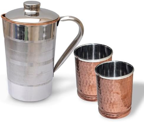 Set of Copper Pitcher Jug &amp; 2 Glass Handmade Indian Tableware