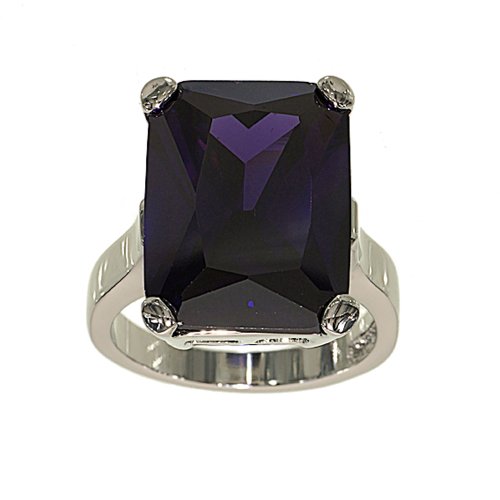 Very Large Tanzanite Cubic Zirconia Single Stone Cocktail Ring with Silvertone Double Base Setting