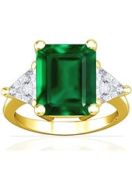 18K Yellow Gold Emerald Cut Emerald Three Stone Ring