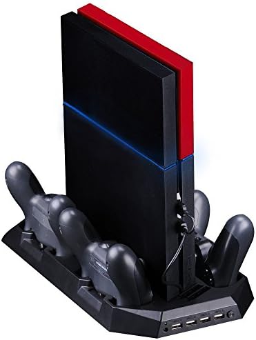 Xinkeen PS4 Vertical Cooling Stand with 4 Controller Charging Stations,4 USB HUB Ports,Dual Cooling Fans for Playstaion 4 Console System - Black