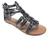 Gladiator Flat Sandal 6 Buckles Back Zipper Black