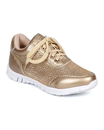 Nature Breeze CF81 Women Glitter Mesh Lace Up Lightweight Fashion Sneaker - Gold