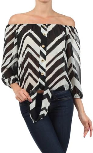 Ladies Sheer Chevron Print Off Shoulder Tie Front Peasant Top (Medium, Red)