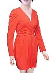 V-neck Shirred Cotton/Polyester Long Sleeves Puff Sleeves Mini Dress 